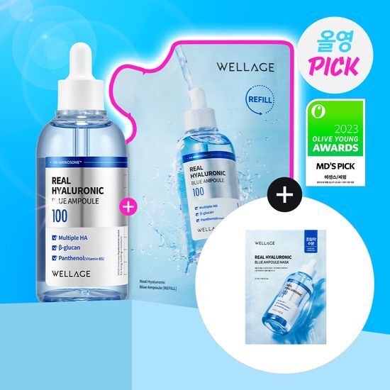 WELLAGE REAL HYALURONIC BLUE 100 AMPOULE 100ml REFILL SET (MASK SHEET 1ea) - COKODIVE